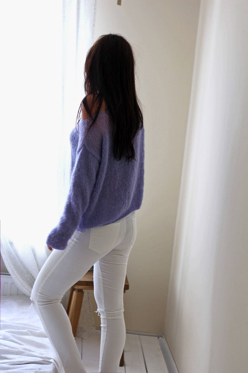 Violet Blue Cozy Sweater, Silk & Alpaca Fluffy Sweater, Clutchy Sweater, Handknitted Sweater, Off Shoulder Sweater, Loose Knit Sweater image 5