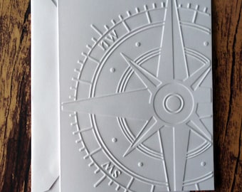 Compass Cards, Set of 5, Traveler Note Cards, Masculine Stationery, Gift for Travelers, Greeting Card Set, White Embossed Compass Note Cards