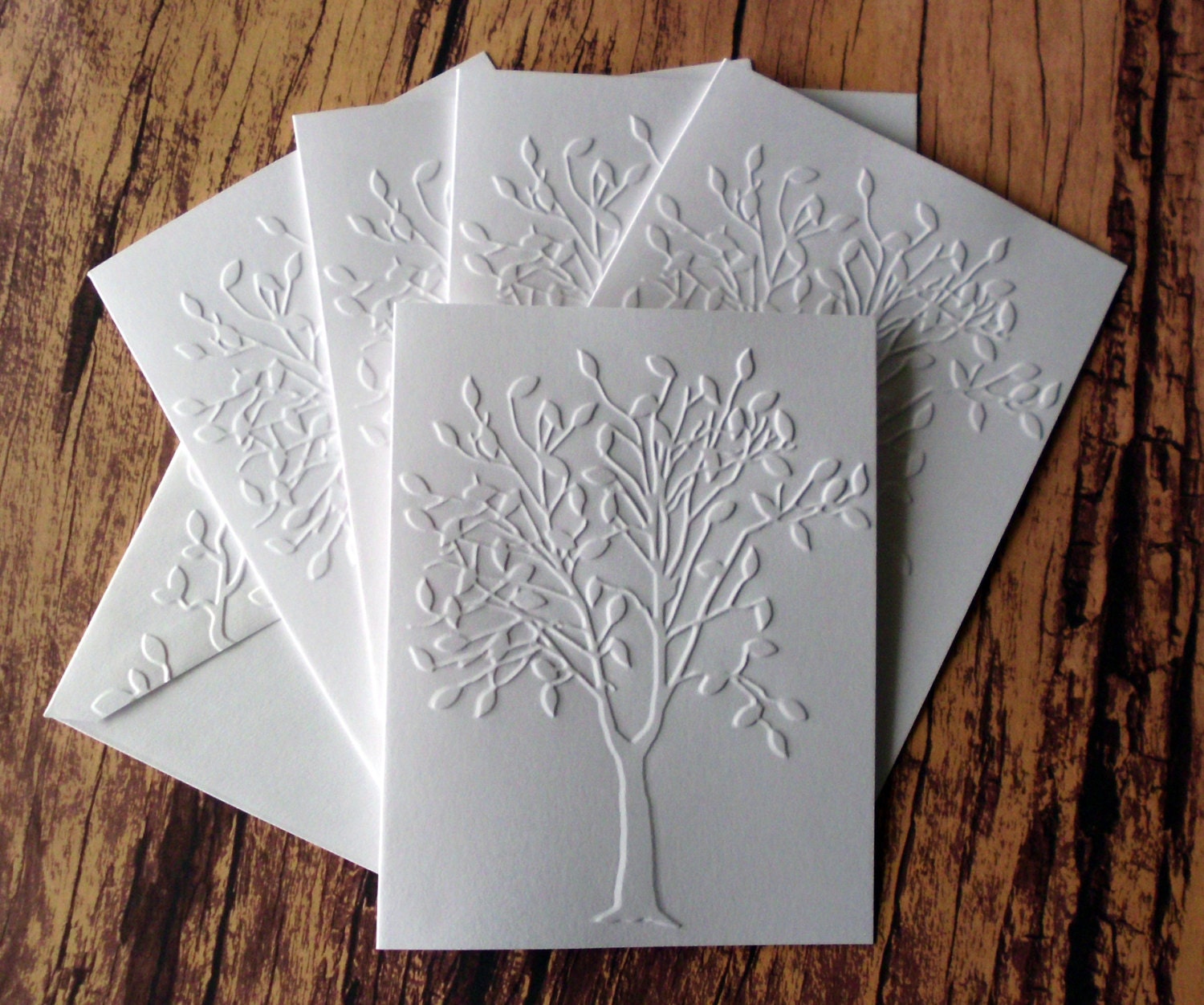Tree Card Edge Tree Cards, Set of 5, White Embossed Tree Cards, Autumn, Fall Greeting ...