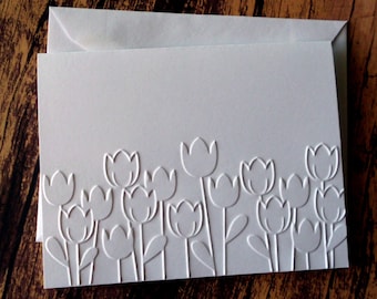 Tulip Cards, Set of 5, Embossed Note Cards, White Embossed Flower Card Set, Greeting Card, Spring Stationery, Tulip Card Set, White Tulip