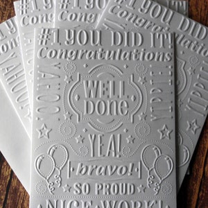 Congratulations Cards, Set of 5, White Embossed Congratulations Note Cards, Graduation Cards, Bravo, Well Done, College Graduation Cards