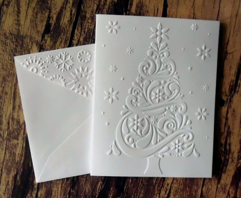 10 Christmas Tree Cards White Embossed Christmas Cards Etsy