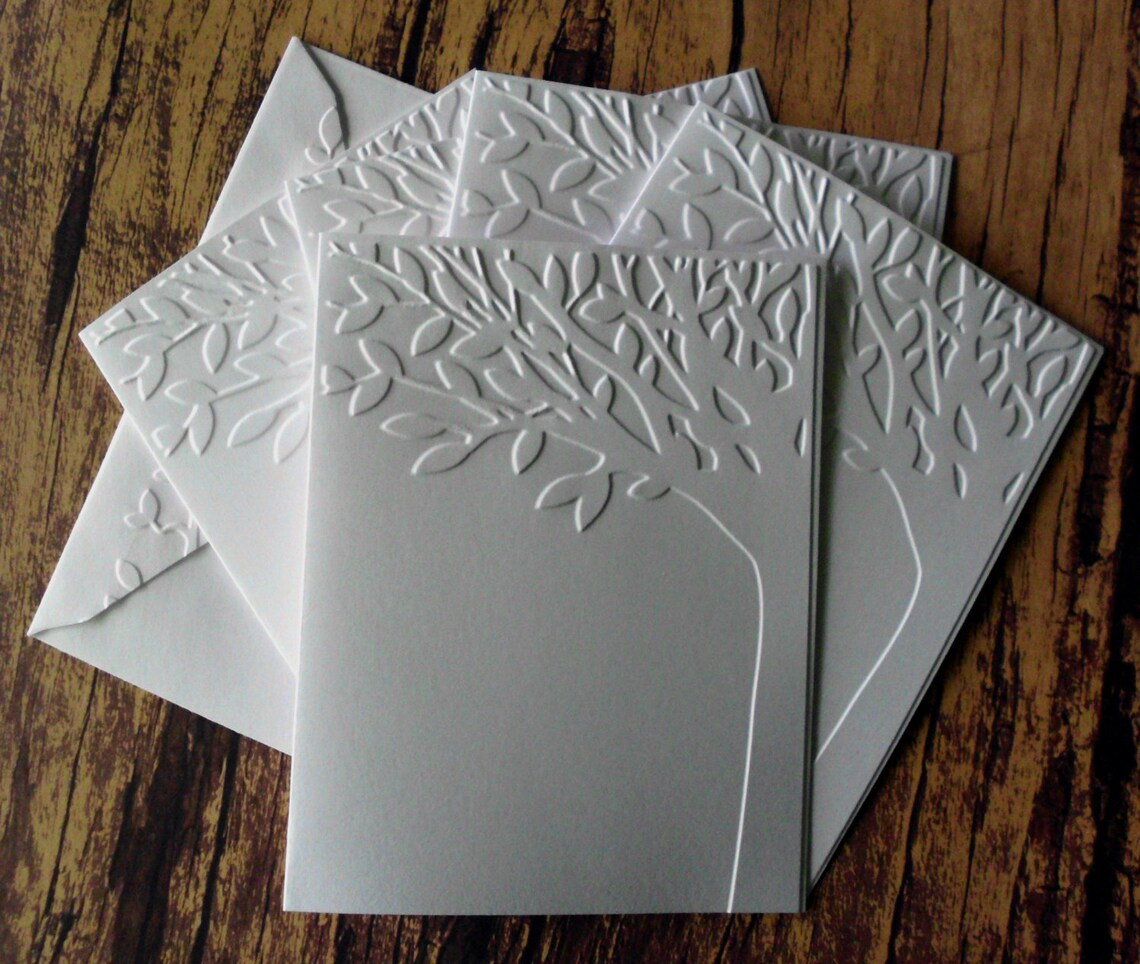 Tree Cards Set of 5 White Embossed Tree Cards Autumn Fall Etsy