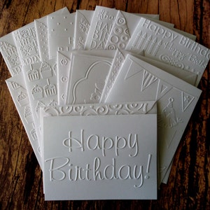8 Assorted Embossed Birthday Cards, White Embossed Birthday Card Set, Assorted Birthday Cards, Birthday Greeting Cards, Note Card Set