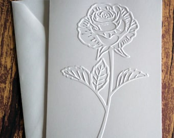 Rose Greeting Cards, Set of 5, White Embossed Single Rose Cards, Blank Flower Stationery, Mother's Day Gift for Her, Valentine's Day Card