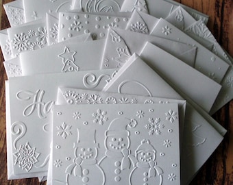 12 Assorted Christmas Cards Set, 12 Designs, White Embossed Christmas Cards, Winter Stationery, Embossed Snowmen, Angel, Snowflakes, Santa