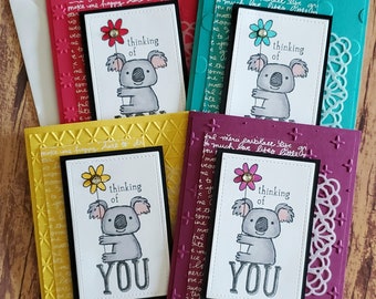 Thinking of You Cards, Set of 4, Friendship Cards, Stampin Up Koala Cards, Handmade Greeting Card, Just Because, Blank, Embossed Note Cards