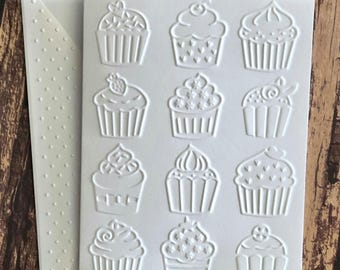 Cupcake Cards, Set of 5, Blank Embossed Birthday Cards