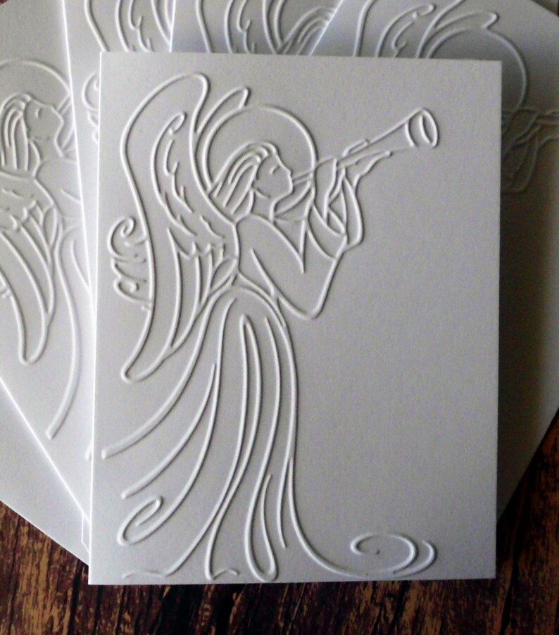 10 Angel Christmas Card Set White Embossed Angel Cards Etsy