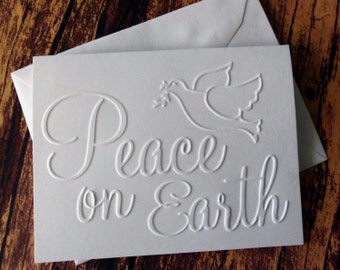 10 Christmas Cards, Embossed Peace on Earth Stationery Set
