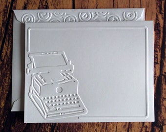 Typewriter Cards, Set of 5, White Embossed Note Card Set, Blank Stationery, Gift for Writer, Author, Student, Minimalist Greeting Card Set