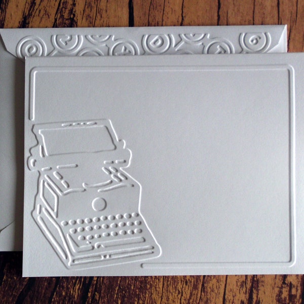 Typewriter Cards, Set of 5, White Embossed Note Card Set, Blank Stationery, Gift for Writer, Author, Student, Minimalist Greeting Card Set