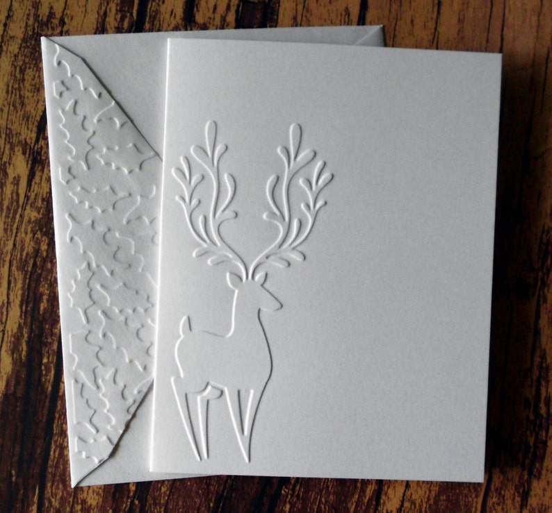 10 Reindeer Cards White Embossed Christmas Cards Greeting Etsy