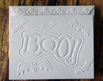 Halloween Cards, Set of 5, White Embossed Halloween Cards, Blank Halloween Note Cards, Greeting Cards, Boo Cards, Halloween Bat Stationery