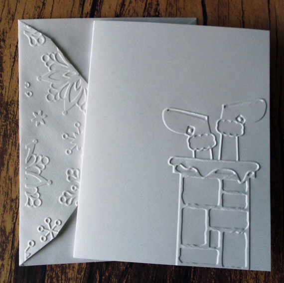 5 Christmas Cards, Santa in Chimney, Embossed White Christmas Cards, Blank Christmas Greeting Cards, Santa Stuck in Chimney Note Card Set