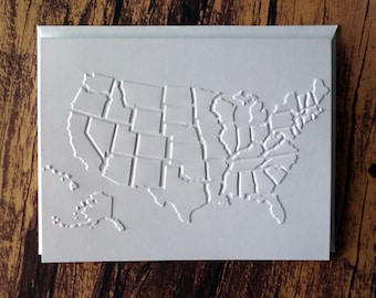 United States Map Cards, Set of 5, White Embossed Note Card Set, Traveler Greeting Cards, Gift for Geography Teachers, Moving, Miss You Card
