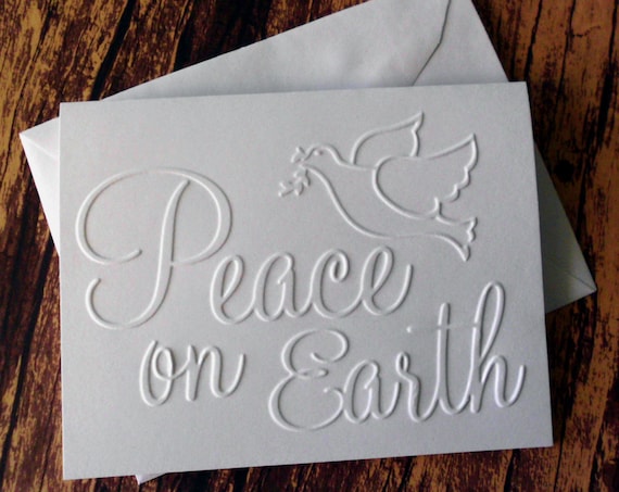 5 Christmas Cards, Peace on Earth Cards, Dove, Christian Christmas Greeting Card Set, Blank Christmas Cards, White Embossed Christmas Cards
