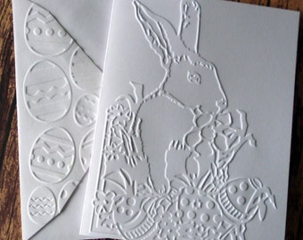 Easter Bunny Cards, Set of 5, Embossed Easter Greeting Cards, Blank Note Card Set, White Embossed Easter Rabbit Cards, Blank Stationery Set