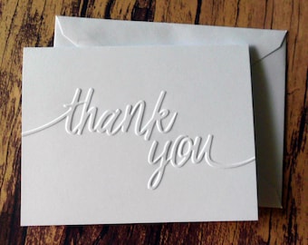 Thank You Cards, Set of 5, Embossed Thank You Greeting Cards, Graduation Thank You Cards, Wedding Thank You Cards, Script Thank You Card Set