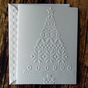 10 Christmas Tree Cards, White Embossed Country Christmas Tree Cards, Blank Christmas Greeting Cards, Country Quilted Christmas Tree