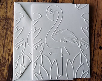 Flamingo Cards, Set of 5, White Embossed Cards, Tropical Bird Cards, Blank Note Cards, Stationery Set, Summer Cards, Bird Greeting Cards