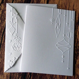 Christmas Cards, Set of 5, Ornaments on the Side, Embossed Christmas Ornament Cards, White Embossed Christmas Cards, Ornament Christmas Card