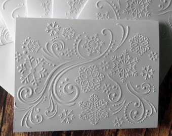 10 Snowflake Embossed Cards, White Embossed Christmas Card Set, White Embossed Snowflake Swirl Cards, Winter Note Cards, Winter Stationery