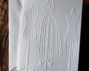 Dress Form Cards, Set of 5, Blank Note Cards, White Embossed Note Card Set, Stationery Set, Greeting Card Set, Gift for Sewers, Seamstress