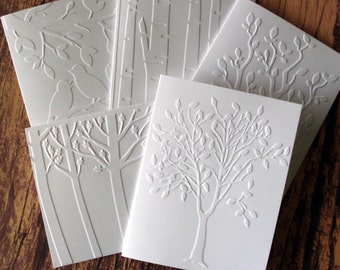 Assorted Tree Cards, Set of 5, White Embossed Tree Card Set, Trees, Branches, Birds Note Card Set, Autumn/Fall Tree Cards, Variety Pack