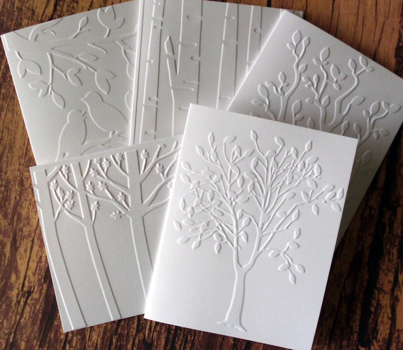 Assorted Tree Cards, Set of 5, White Embossed Tree Card Set, Trees ...