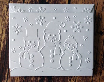 10 Snowman Christmas Cards, White Embossed Holiday Greeting Cards, Winter Note Cards, Snowman Stationery Set, Blank Snowflake Cards