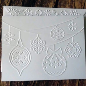 Christmas Cards, Set of 5, Hanging Ornaments with Snowflakes, Embossed Christmas Ornament Note Cards, White Embossed Christmas Greeting Card
