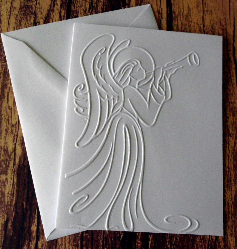 10 Angel Christmas Card Set White Embossed Angel Cards Etsy