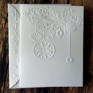 10 Christmas Cards, Elegant Ornament Cards, Embossed Christmas Ornament Greeting Cards, White Embossed Christmas Cards, Blank Holiday Cards