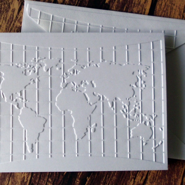 5 World Map Cards, White Embossed Globe, Atlas, Map Note Card Set, Blank Traveler Note Cards, Gift for Travelers, Map Greeting Card Set