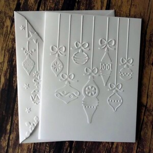 10 Christmas Cards, Ornament Cards, Embossed Christmas Ornament Greeting Cards, White Embossed Christmas Cards, Blank Holiday Card Set of 10