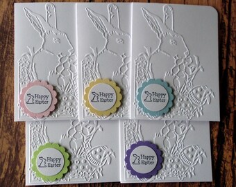 Easter Bunny Cards, Set of 5, Embossed Easter Greeting Cards, Blank Note Card Set, White Embossed Easter Rabbit Cards, Blank Stationery Set