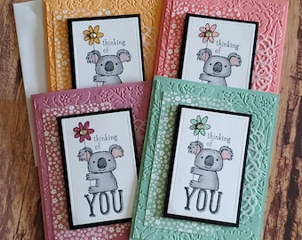 Thinking of You Cards, Set of 4, Friendship Cards, Stampin Up Kind Koala Cards, Handmade Greeting Card, Get Well, Blank, Embossed Note Cards