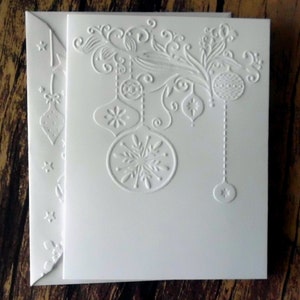 Christmas Cards, Set of 5, Ornament Cards, Embossed Christmas Ornament Greeting Cards, White Embossed Christmas Cards, Elegant Ornament Card