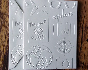 Travel Cards, Set of 5, Embossed Note Card Set, Blank Greeting Cards, Gift for Travelers, Vacation Stationery, Passport, Globe, Plane Cards