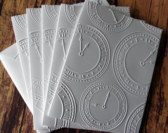 Embossed Clock Cards, Set of 5, White Embossed Cards, Blank Embossed Card Set, White Clock Cards, Time Note Cards, New Year's Card Set