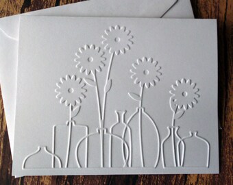 Embossed Flower Cards, Set of 5, Flowers in Vases Greeting Cards, Daisy Stationery, Spring Cards, White Embossed Cards, Blank Note Card Set