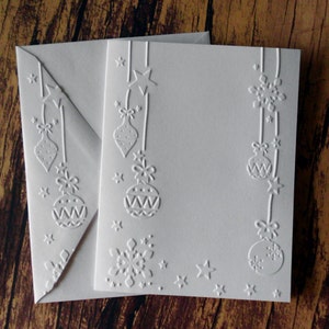 Christmas Ornament Cards, Set of 5, Embossed Christmas Cards, Ornament Cards, White Embossed Christmas Cards, Ornaments and Snowflakes Card