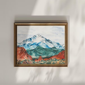 Art Print // Colorado Springs Garden of the Gods Pikes Peak Watercolor // Mountain Landscape Art // Nature Art // Red Rocks // Mountain Peak