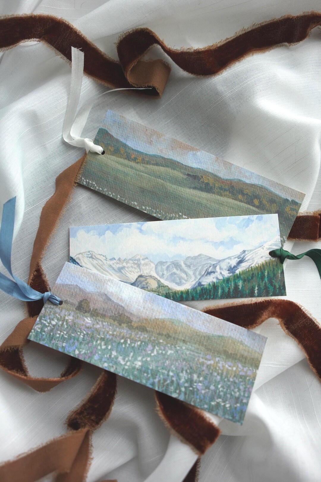 Landscape Bookmarks- Set of 3- Mountain Lake, Wildflower Meadow ...