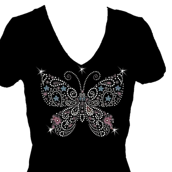 Butterfly Pink Blue Rhinestone V Neck Short Sleeve Womens Bling  Tee Shirt