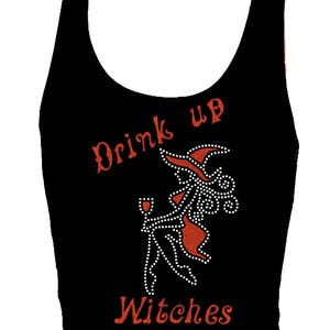 Drink Up Witches Halloween Rhinestone Glitter Womens Bling Holidat Tank top Tee shirt