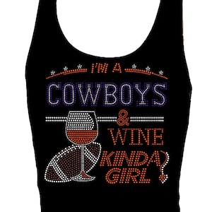 Cowboys & WIne Football Rhinestone Superbowl SportsnWomens Bling Glitter Tank top Tee shirt