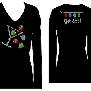 Christmas Wine Glass & Presents Get Lit  Rhinestone V Neck Long Sleeve Womens Tee Shirt