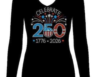 250 Year July 4th Rhinestone Women's USA Anniversary Bling Long Sleeve Tee Shirt